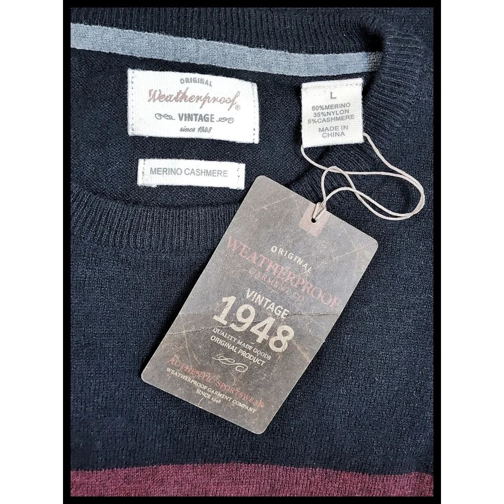 NWT Weatherproof Vintage Merino Cashmere Crew Sweater Black Burgandy Large NEW